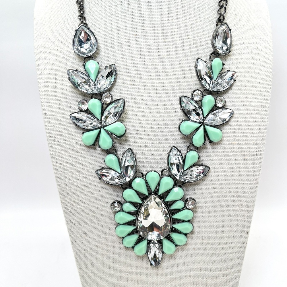 Floral Mint Green & Clear Rhinestones Bib Necklace w/ Gunmetal Chain 18"